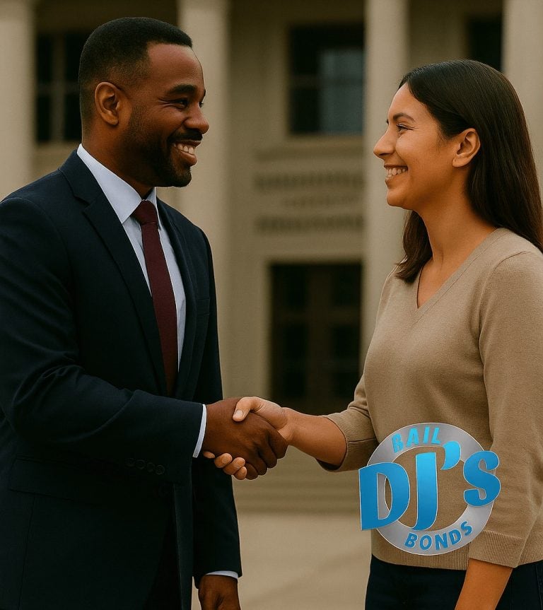 Bail bond professional greeting a client outside a courthouse