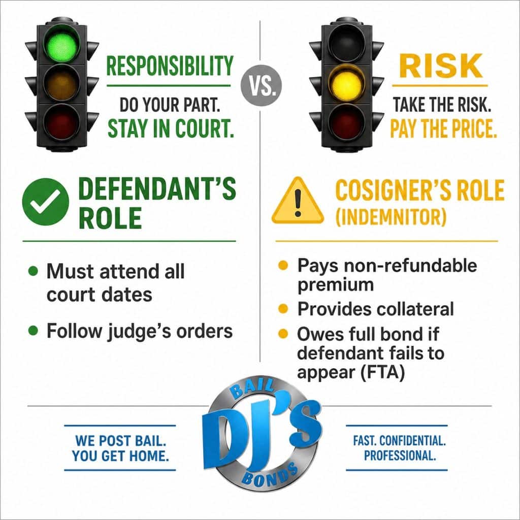 Infographic comparing defendant vs north carolina bail bond cosigner responsibilities – who owes what
