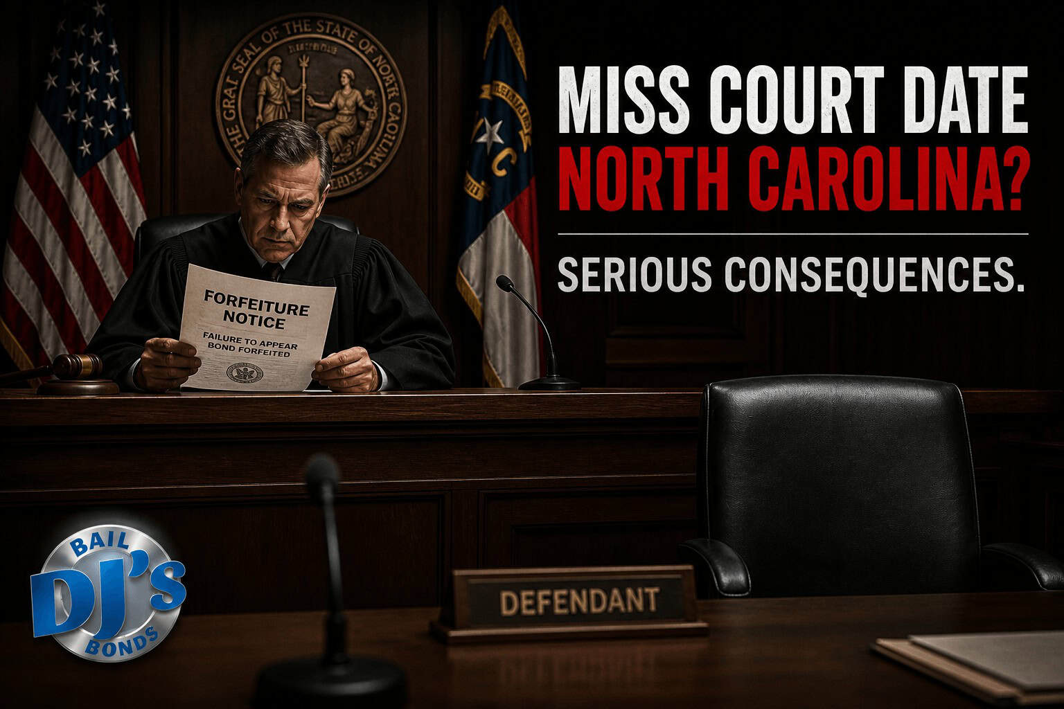 Empty courtroom chair representing what happens when you miss court date north carolina – bench warrant and forfeiture