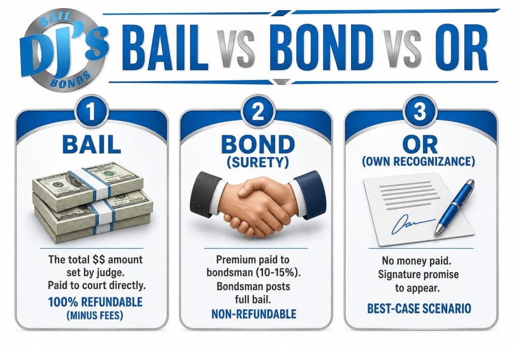 Three-panel infographic showing difference between bail and bond north Carolina – bail vs bond vs own recognizance
