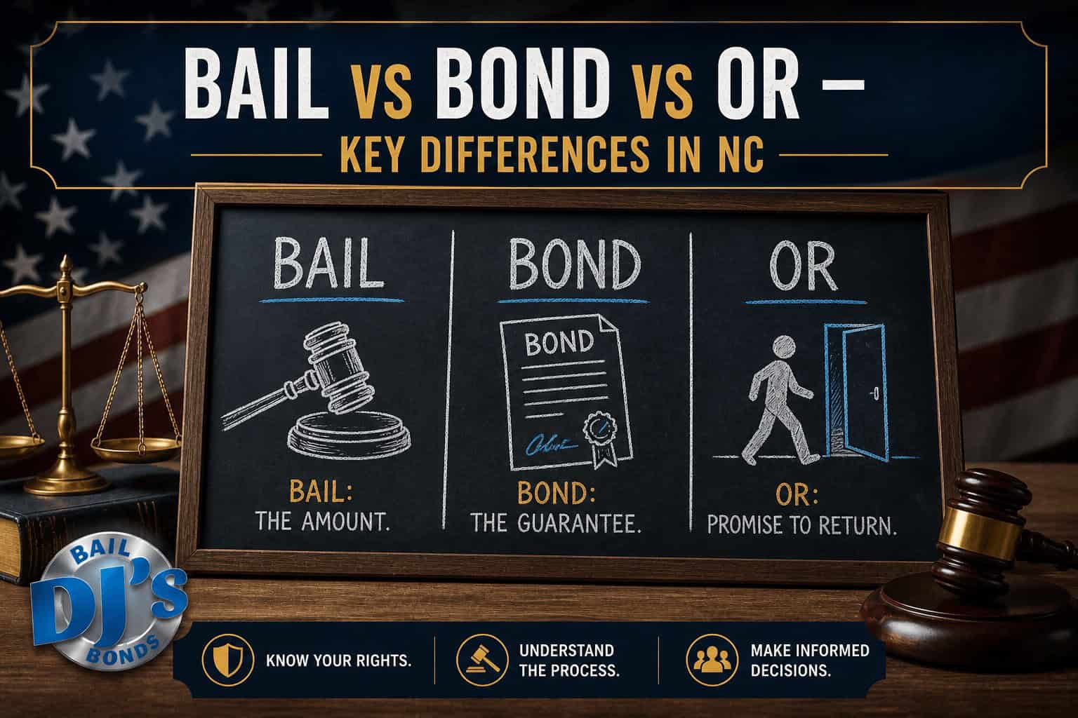 Comparison chart showing difference between bail and bond north Carolina – bail amount vs bond vs own recognizance