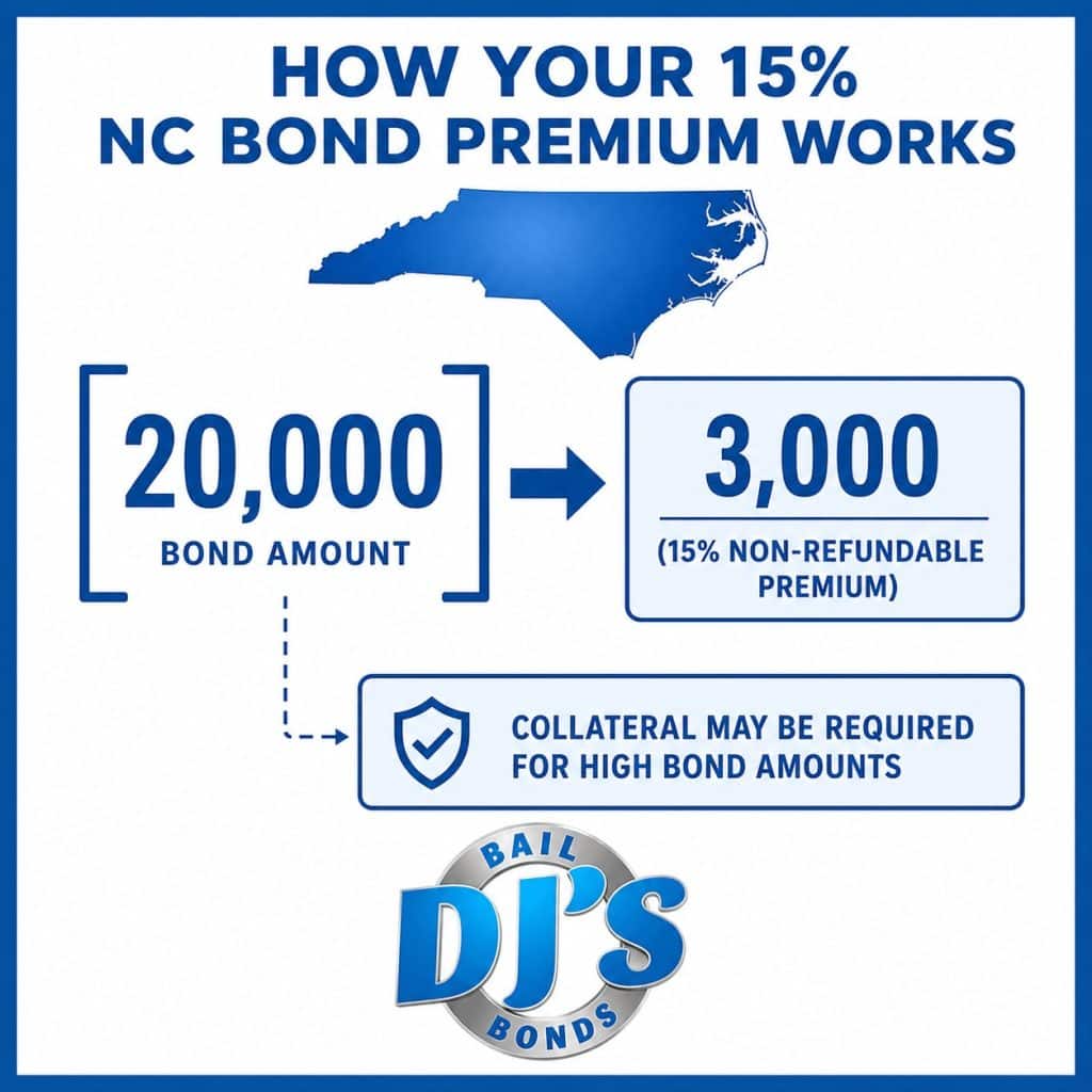 Math-style infographic calculating 15% premium – part of how bail bonds work in North Carolina
