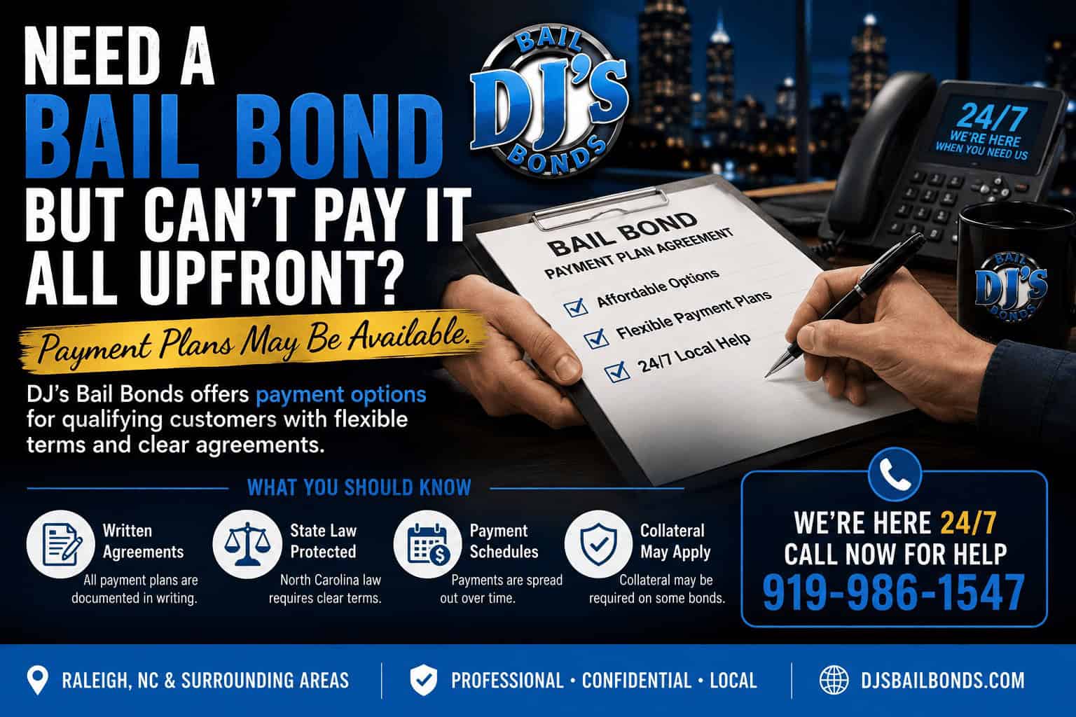 What Information Do You Need for a Bail Bond Payment Plans Raleigh NC? Infographic showing the information needed to apply for a bail bond payment plan in Raleigh NC, including the defendant’s legal name, date of birth, jail location, bond amount, bond type, cosigner details, employment information, and possible collateral.