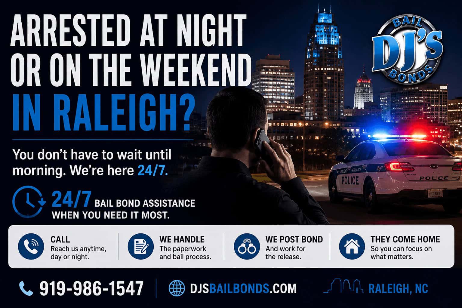 DJ's Bail Bonds agent providing nighttime bail bond assistance in Raleigh NC