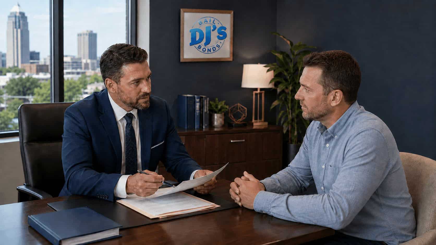 DJ’s Bail Bonds agent discussing a large bail bond with a client in Raleigh, NC