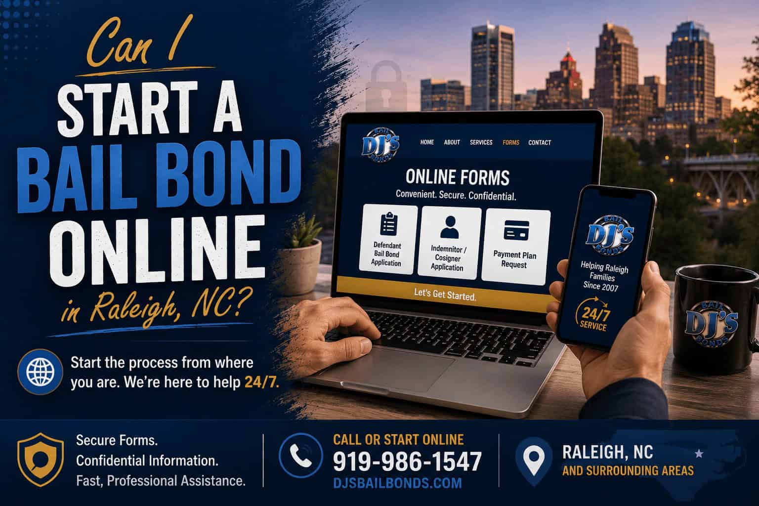 Banner image for online bail bonds Raleigh showing a professional bail bond consultation with clear messaging about fast, confidential, and convenient bond help in Raleigh, NC.