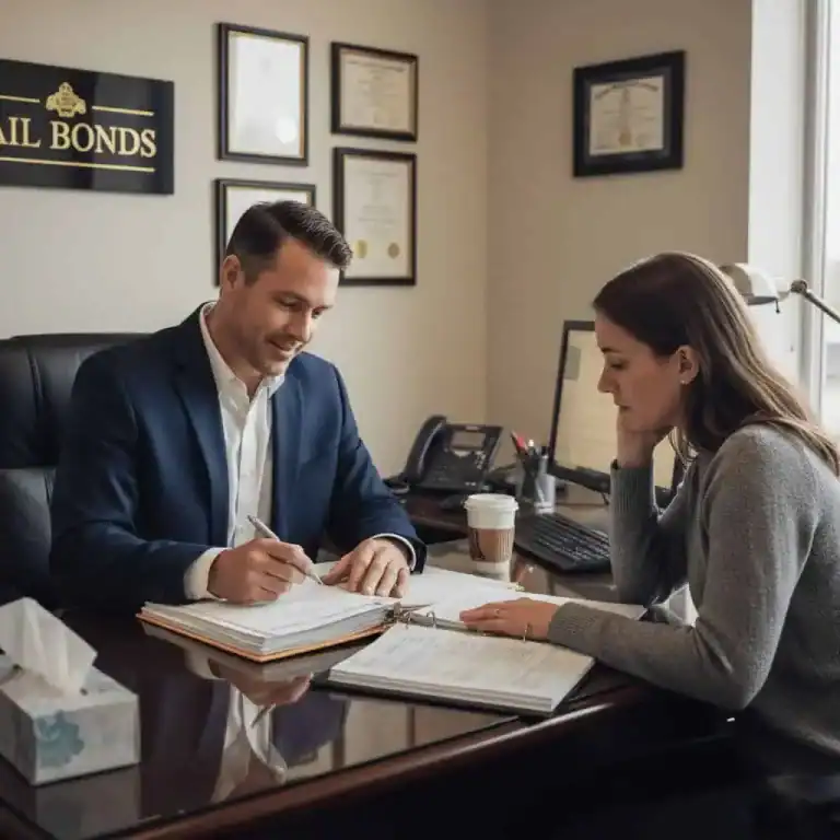 Bail bond agent reviewing paperwork with a client in an office