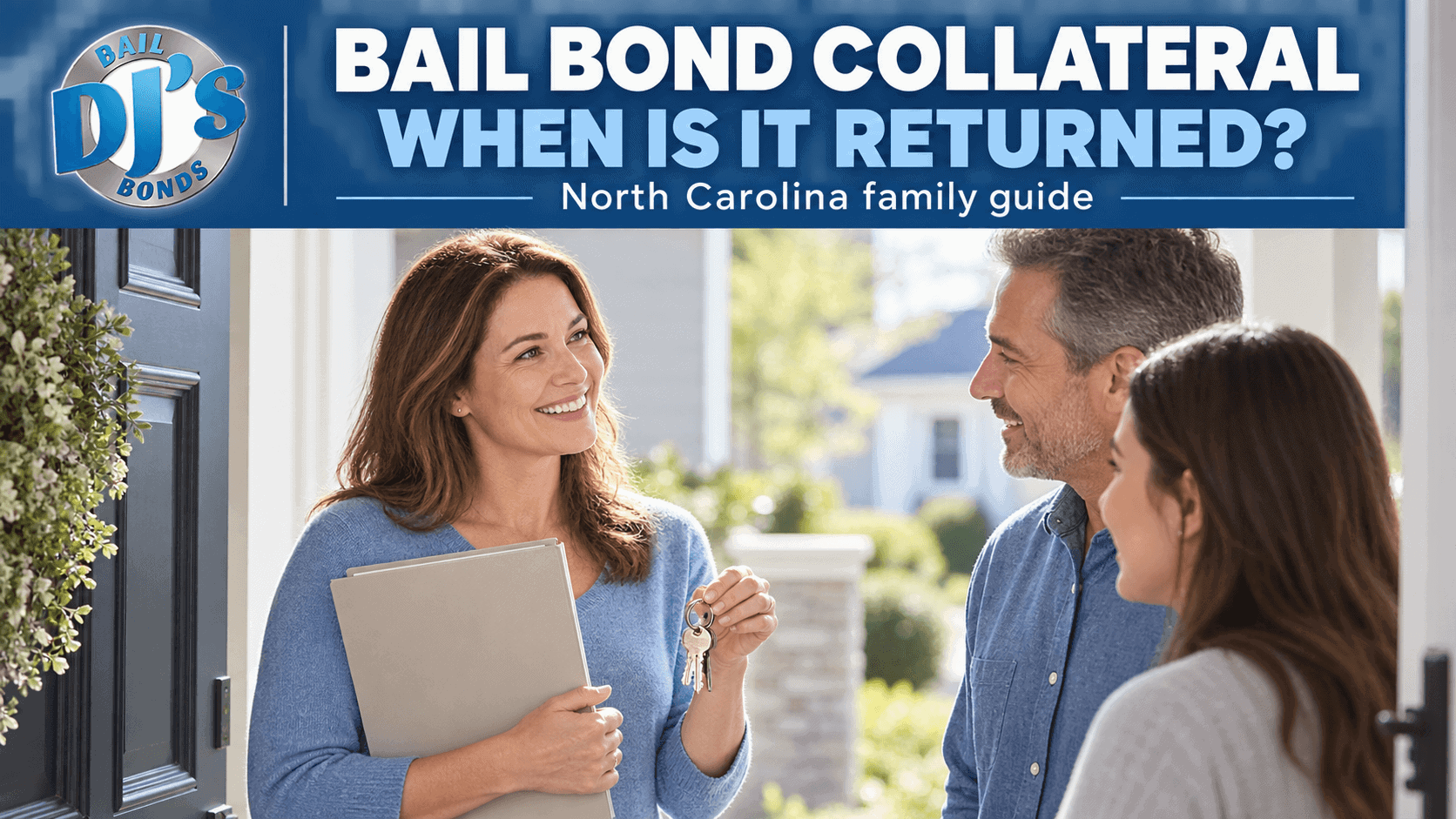 DJ’s Bail Bonds banner about when bail bond collateral is returned in North Carolina, showing a family member holding keys and a folder.