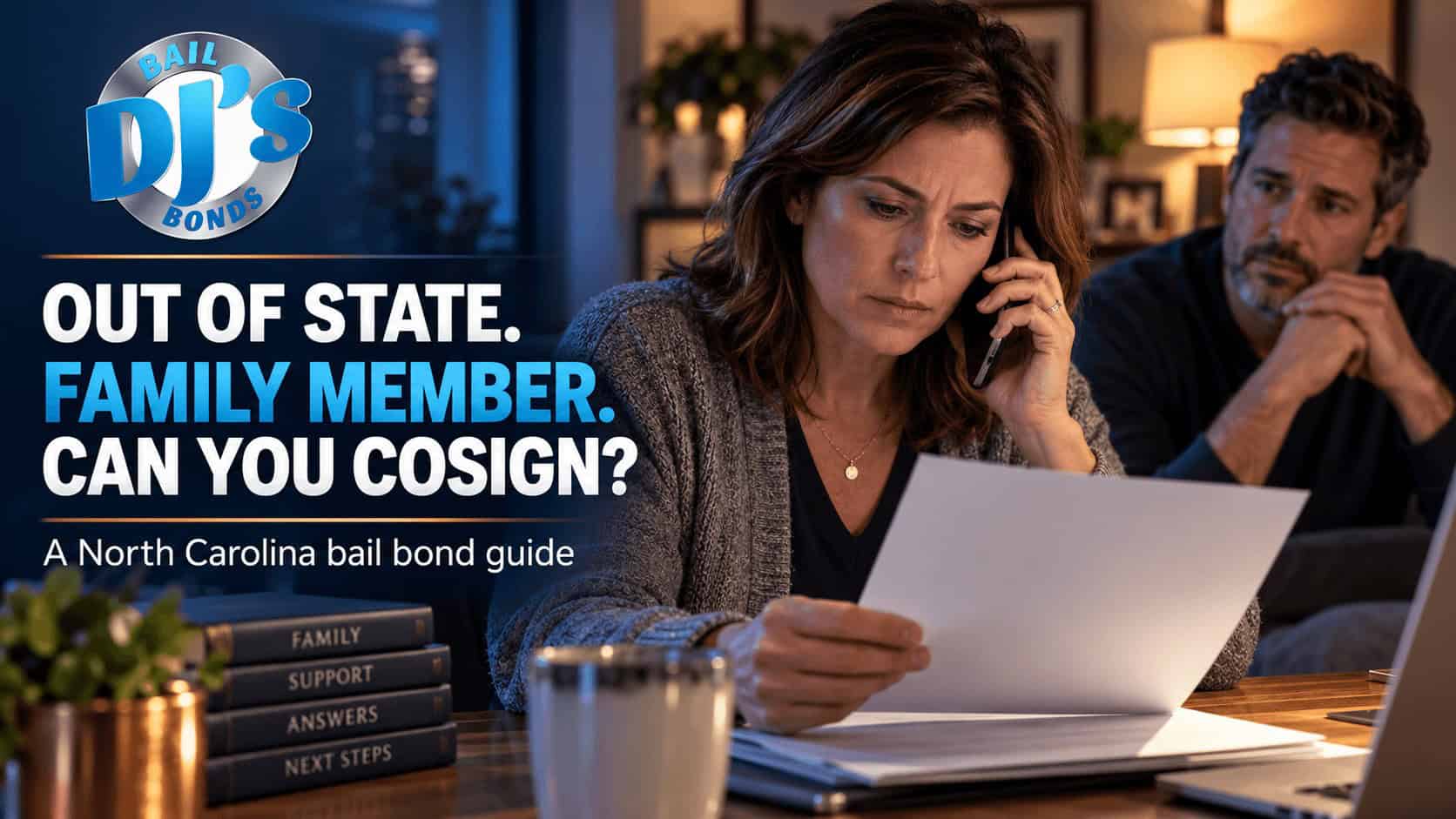 Family member reviews bail bond paperwork during a phone call about cosigning from out of state