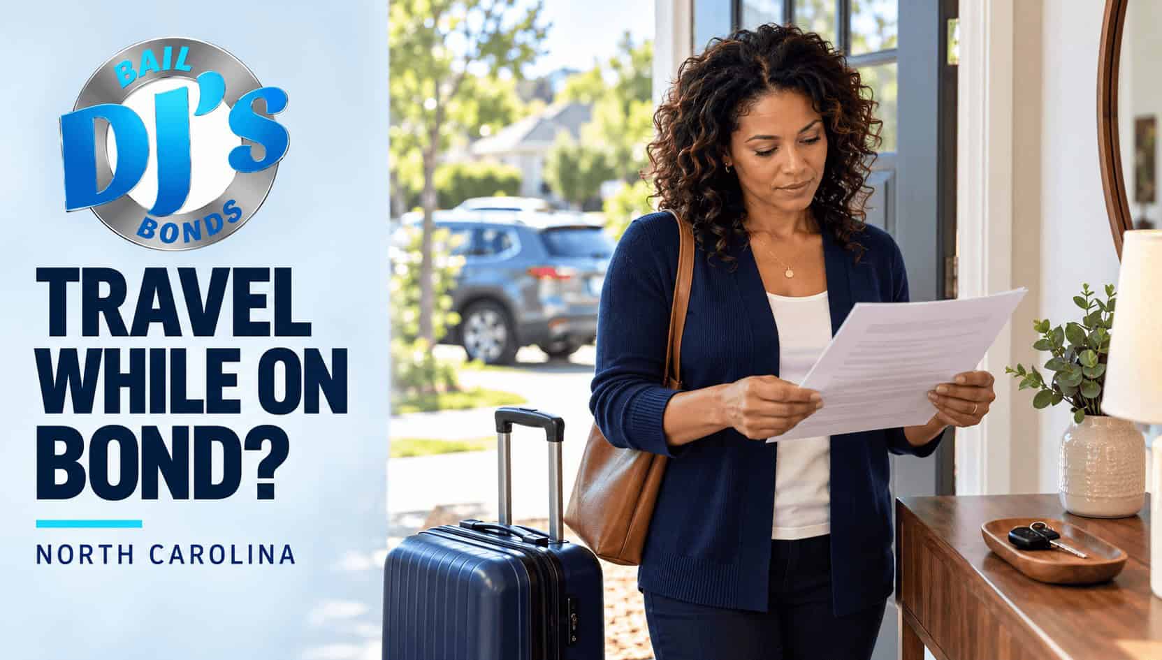 Woman reviewing paperwork beside a suitcase in a DJ’s Bail Bonds banner about travel while on bond in North Carolina